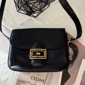 Rare Vintage Celine Box Bag - Black Leather with Gold Carriage Logo